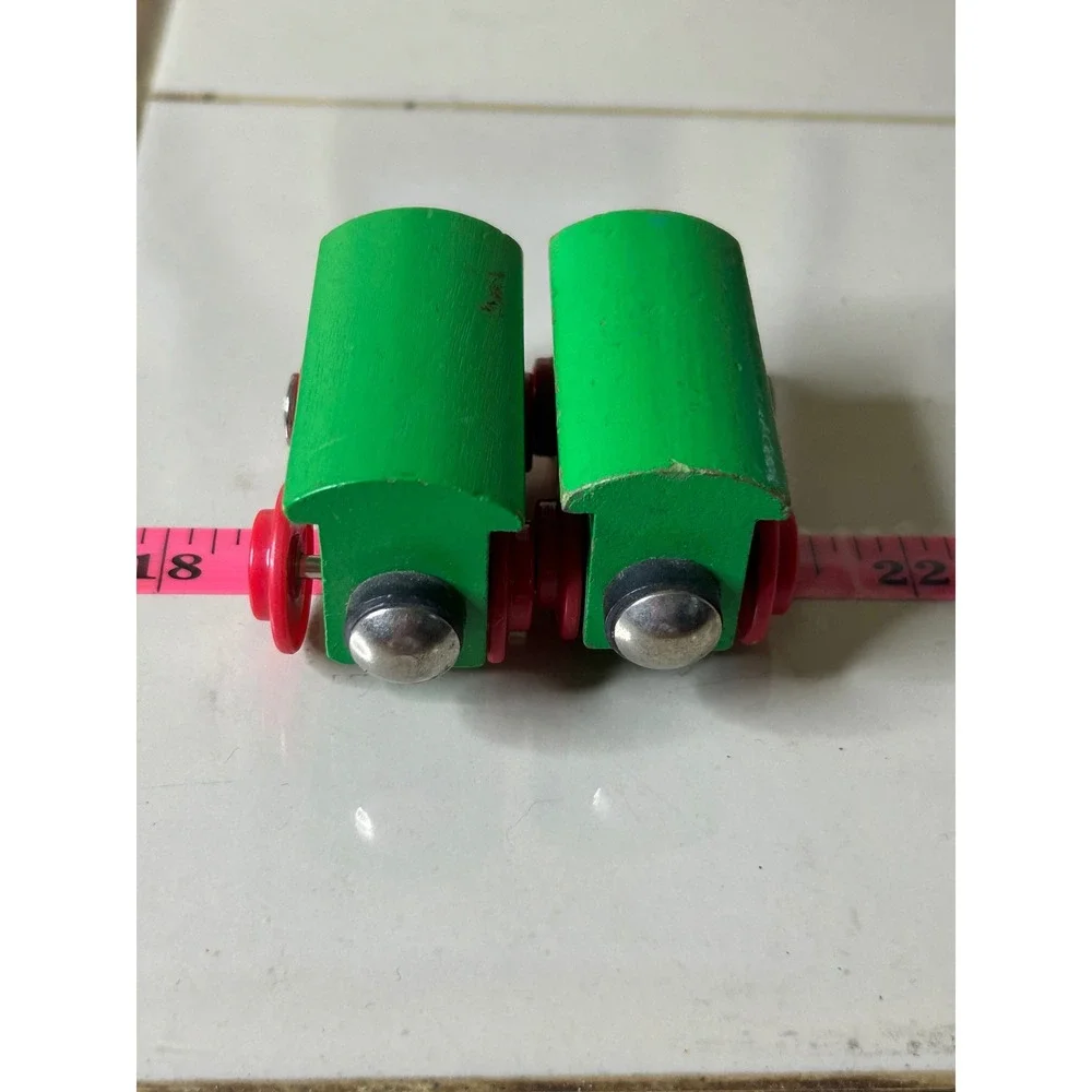 Green Wooden Toy Train Cars Magnetic 2 Piece Set Compatible with Brio Thomas
